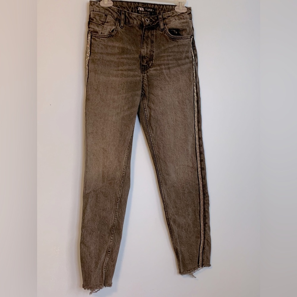 Zara side stripe tuxedo stripe gray baggy jeans with shredded ankles size 2